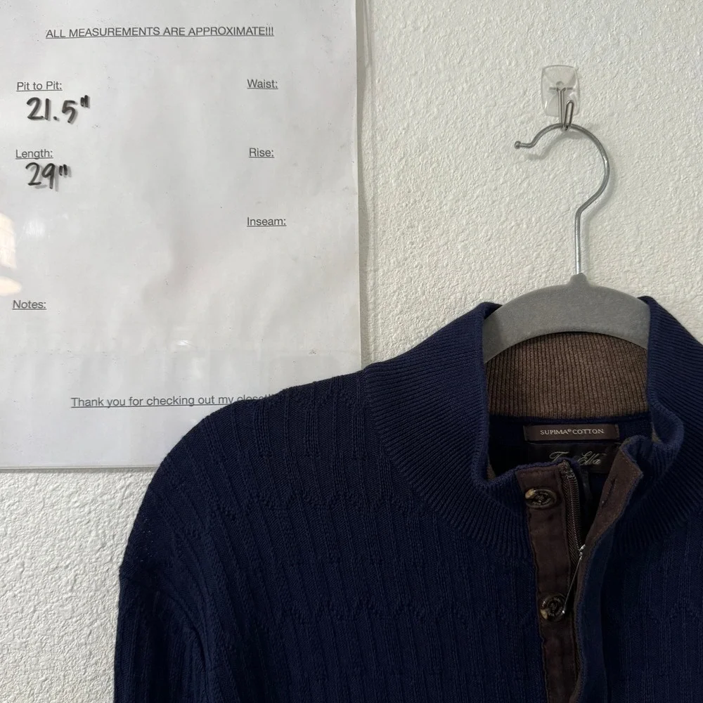 Tasso‎ Elba Mens Sweater Large Navy Blue Supima Cotton Cable Knit Mock Neck